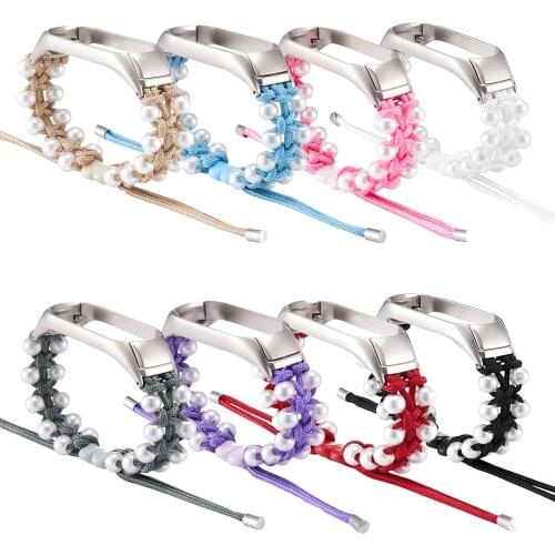 Handmade Pearl Beaded Watch Strap with Cover for Mi Band 6 5 Bracelet Nylon Braided Band Loop for Miband 4 Xiaomi Mi Band 3