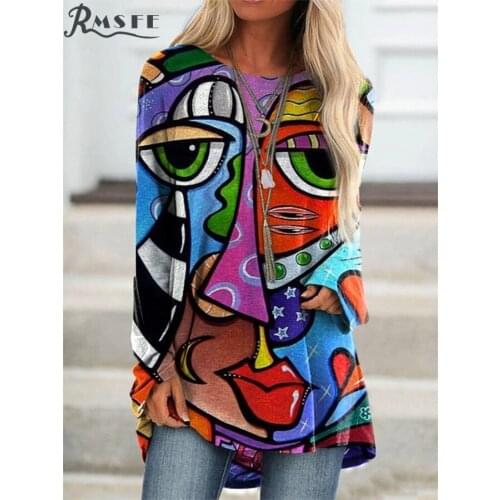 RMSFE 2021 Womens Long Sleeve Round Neck Retro Face Printing Irregular Base Shirt Trendy T-Shirt