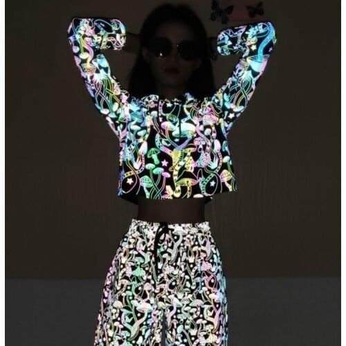 Mushroom Prints Long Sleeve Gym Crop Hoodie Women Colorful Reflective Loose Fit Hip Hop Punk Sport Hooded Sweatshirt