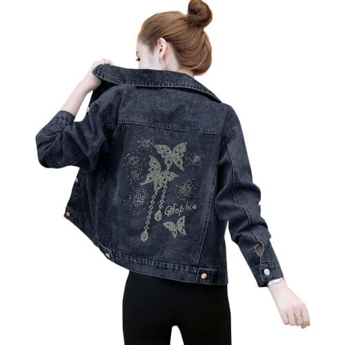 Korean Fashion Student Women Spring Autumn Jacket Elegant Plus Size Loose Slim Female Coat With Diamond Printed Denim Top OK855