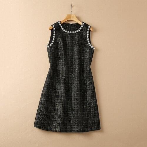 European and American womens wear new autumn 2022 Sleeveless nail bead Plaid tweed fashion Black dress