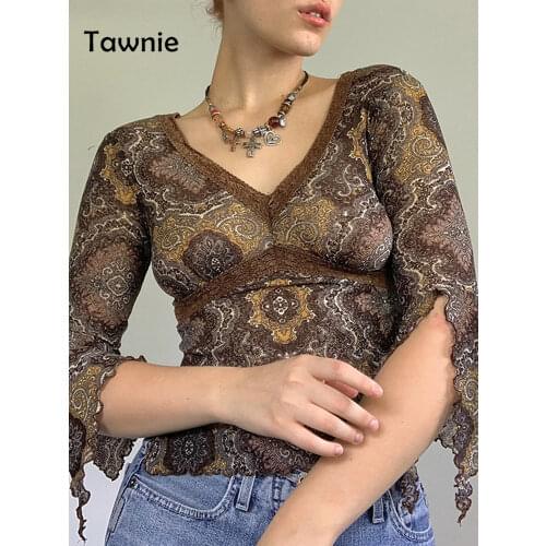 Gitana 2021 Autumn Vintage Print Y2K Flare Sleeve Lace Crop Top Women Slim Elegant V Neck T-Shirts Harajuku Oversized Tee Shirts