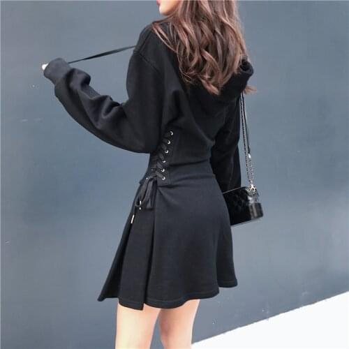 Spring Women Lace-up Slim Waist Black Gothic Dress Long Sleeve Female Hooded Dress Harajuku Streetwear Fashion Dress