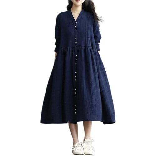 2021 Spring Women Long Sleeve Cotton Linen Dress White Bat Sleeve Button Vintage Casual Ladies Loose Dresses Large Sizes Autumn