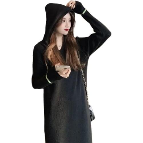 Fashion Hooded Sweater Dresses For Women 2021 Autumn And Winter New Base Sweater Dress Loose Lazy Wind Long Knitted Dress Women