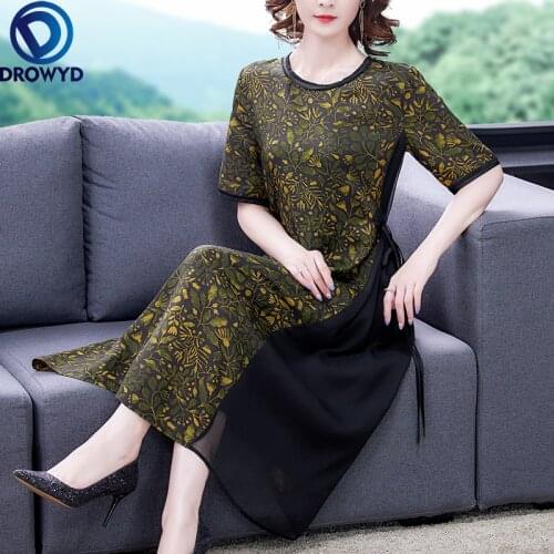 Summer Vintage Boho Maxi Dress Women 2021 New Office Lady Green Floral Print Short Sleeve Patchwork O-Neck Dress Party Vestidos
