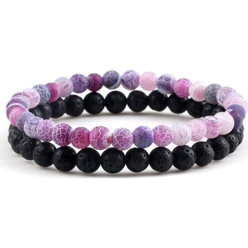 2Pcs/Set Black Lava Beaded Bracelet For Women/Men 6mm Natural Weathered Stone Couples Elastic Bracelets&Bangles Jewelry Gifts