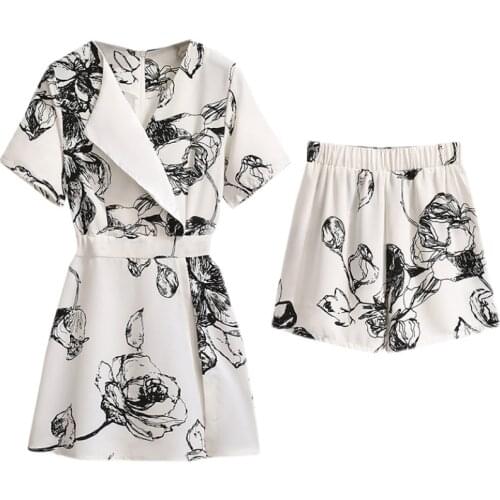 4XL Plus Size Women Stylish Painting Flower Print Short Sleeve V-Neck Summer Chiffon Dress+Shorts 2 Piece Set Clothing Suit 2021