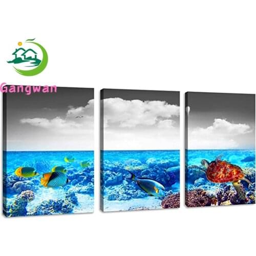 Diamond painting Bathroom canvas art ocean home decoration turtle embroidery mosaic full drill blue seascape pictures Triptych