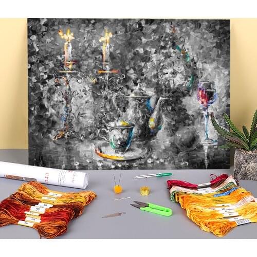 Oil Painting Style Dinner Printed Water-Soluble Canvas 11CT Cross Stitch DIY Embroidery Patterns DMC Threads Floss
