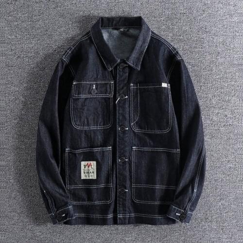 2021 Japanese fashion autumn and winter denim coat mens loose tooling pocket versatile Top Casual Jacket outerwear 0822