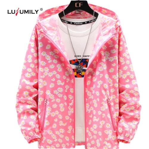 Lusumily Thin Summer Windbreaker Jacket Women 2021 Daisy Printed Loose Hoodies Jacket Female Outwear Thin Coat Beach Jacket Tops