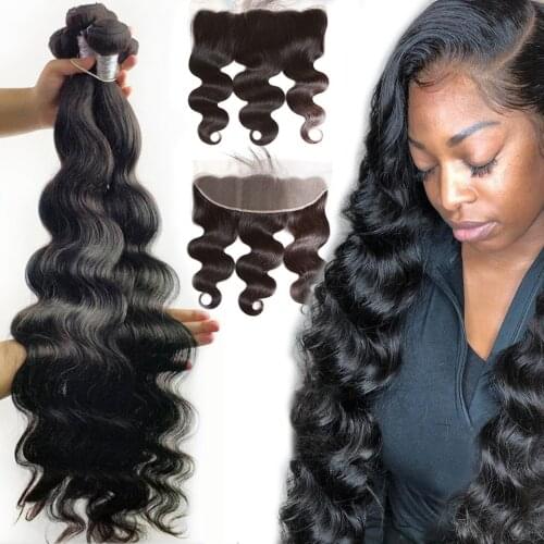 Fashow Hair Malaysian Body Wave 3 Bundles With Frontal Closure Human Hair Bundles With Lace Frontal Ear to Ear Closure Non Remy