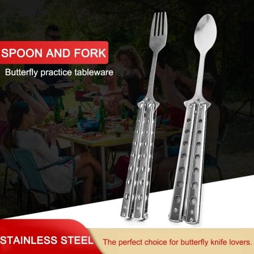 Metal Folding Spoon Fork Butterfly Knife Safety Practice Trainer Camping Tableware multi tool fold Spork fork tableware