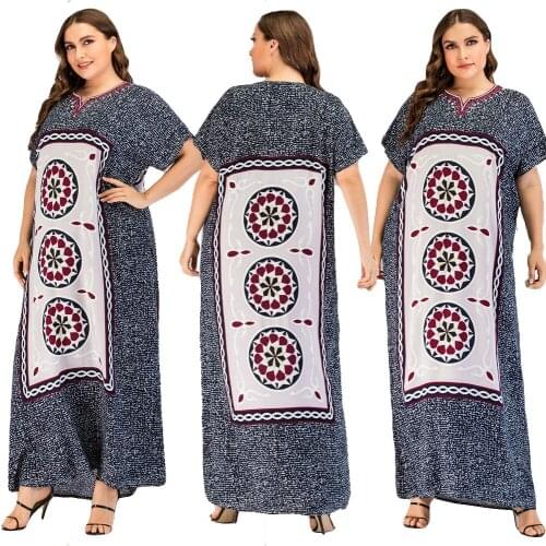 Muslim Women Loose Dress Printed Summer Short Sleeve Islamic Clothing Robe Plus Size Casual Dubai Ramadan V-neck Gown Fashion