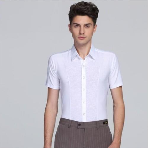 Mens Latin Dancing Shirts Male White Bottom Cotton Tops Economy Men Ballroom Vintage Elastic Shirts Latin Dancing Coat B-6998