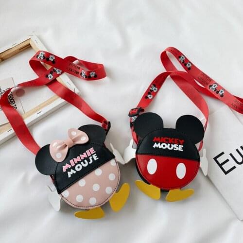 Disney Mickey Minnie PU New Childrens Bags Girls Cute Mickey Mouse One-shoulder Messenger Bag Girls Change Small Round Bag