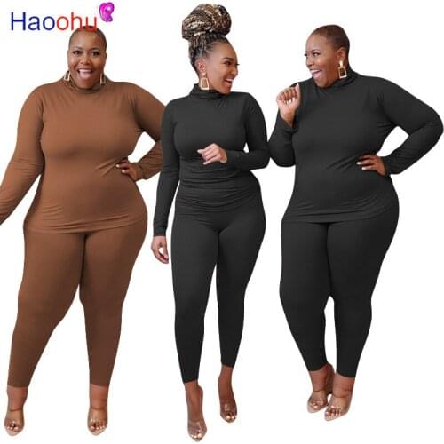 HAOOHU Plus Size Casual Two-Piece Set for Women Oversize Long Sleeve Turtleneck Tops and Pencil Pants Long Autumn Winter 2021