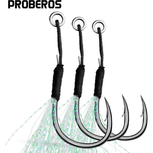 PROBEROS 100Pcs Metal Jig Luminous Assist Hooks 11-19# Jigging Spoon Fishhooks With PE Line Feather Solid Ring Fishing Hooks