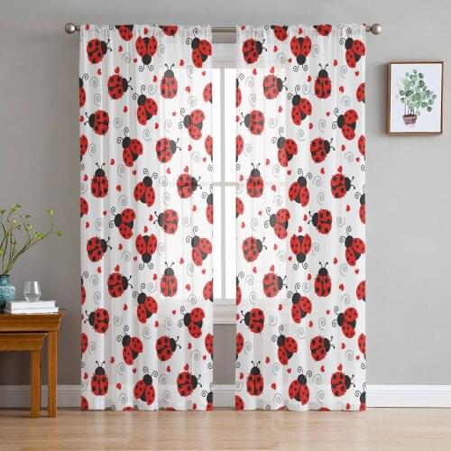 Red Ladybug White Background Sheer Curtains for Living Room Bedroom Kitchen Chiffon Tulle Curtains Home Hotel Coffee Decor