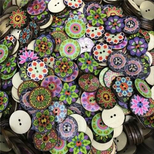 50pcs Mixed Flower Buttons 2 Hole Colorful Wood Buttons Hand-painted Diy Accessories Scrapbooking Craft DIY