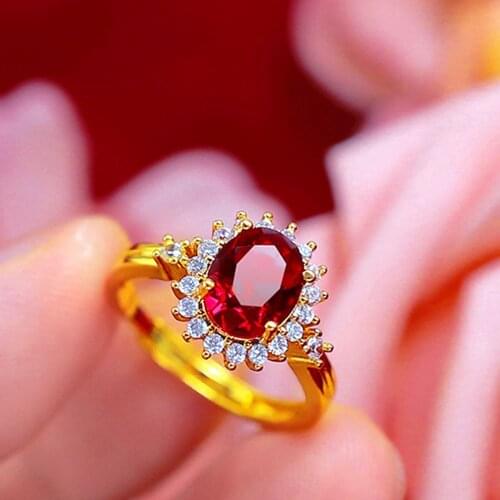 Luxury Red Zircon Ring Band Yellow Gold Filled Womens Finger Ring Charm Gift