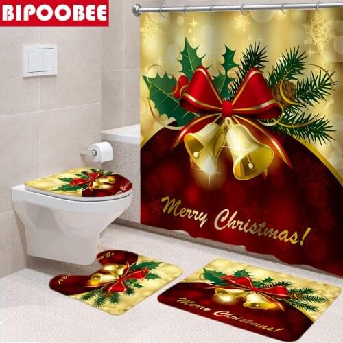 Golden Bell Christmas Shower Curtains Waterproof Fabric Bathroom Curtain Set Toilet Cover Bath Mats Rugs Xmas Home Party Decor