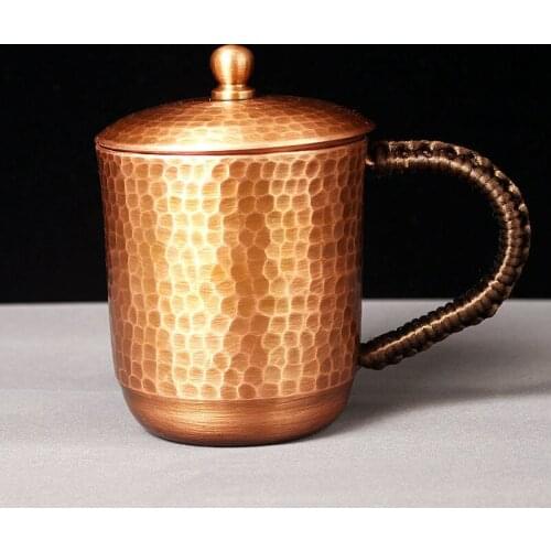 Handcrafted Pure Copper Beer Coffee Mug With lid Retro Hammer Weave Handle Thickened Hammer 350 ml Breakfast Cup Drinkware