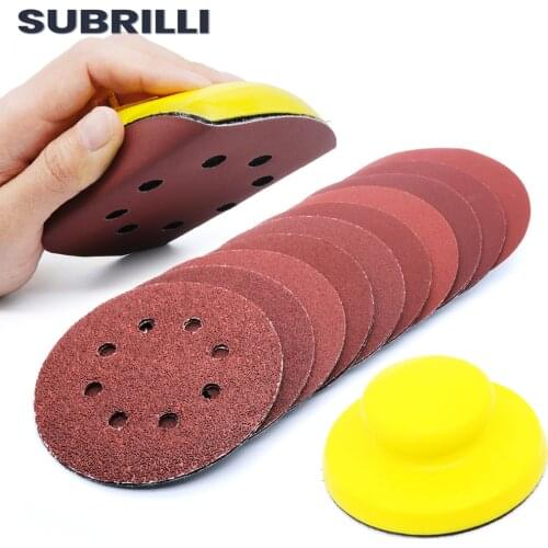 SUBRILLI 50pcs 5" Sanding Disc 125mm Sandpaper Round Sand Pads with Backer Pad for Hand Polishing Wood Metal Working Abrasive