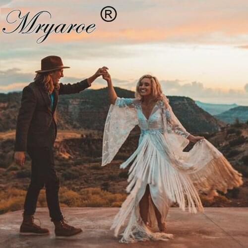 Mryarce Unique Bride Gypsy Hippie Boho Wedding Dress Flare Sleeves Stylish Bridal Gowns With Fringe