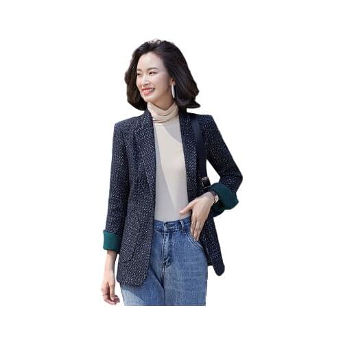 2021 Winter Professional Womens Black Blazers Long Sleeve Plaid Coat Single Button Notched Formal Women Jacket Work Wear 4xl