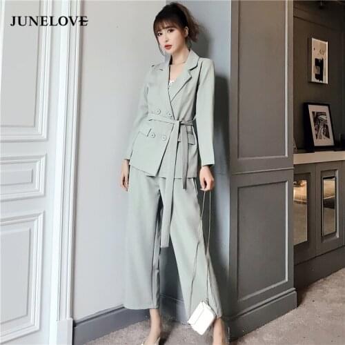 JuneLove Spring Autumn Women Lace Up Pant Suit Vintage Notched Blazer Jacket & Pant Office Wear Suits Casual Loose Female Sets