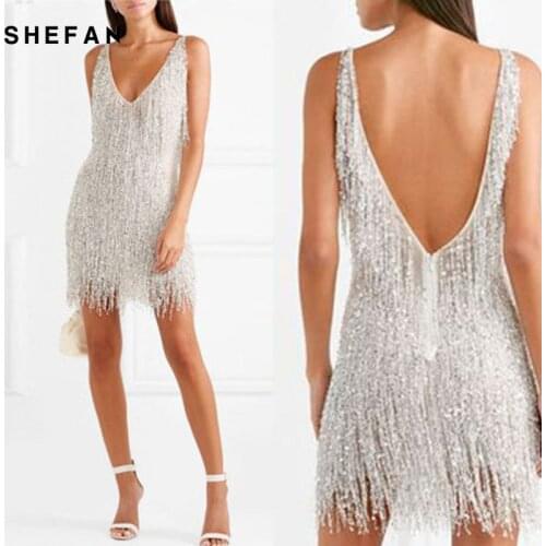 Shefan Women Dance Costume Deep V Neck Silver Elegant Tassel Mini Dress Sexy Backless Bodycon Clubwear Glitter Party Vestidos