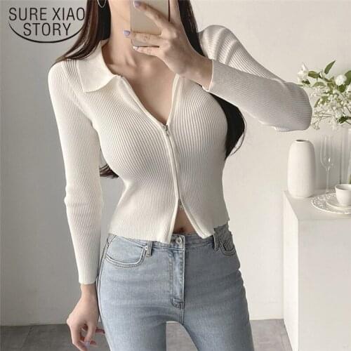2021 Winter Sexy Double Zipper Front Knitted Sweater Coat Autumn Fashion Clothing Top Solid Basic Cropped Pullover Women 17046