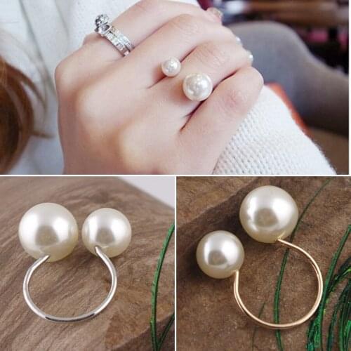 New Fashion Womens Imitation Pearl Opening Ring Temperament Wild Unique Ring Joint Double Pearl Ring Jewelry Valentines Gift