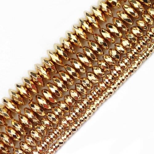 JHNBY Flat Faceted Round Hematite beads 3/4/6/8/10mm Natural Stone 14 Gold color Loose beads for Jewelry bracelets Making DIY