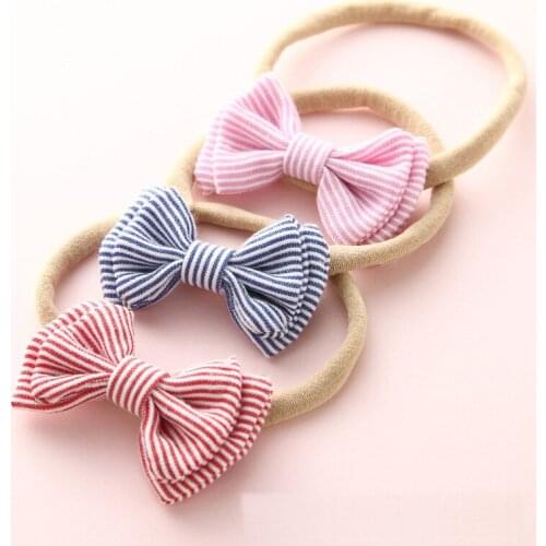 12 pcs/lot, Striped Cotton Fabric Bow Nylon Headband or Hair Clips, Baby Shower Gift, Schoolgirl Hair Accessories