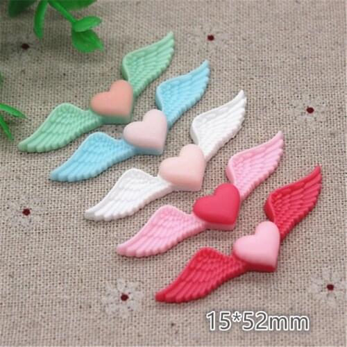 20pcs Mix Colors Cute Resin Love Heart Wing Miniature Art Flatback Cabochon DIY Craft Decoration,15*52mm