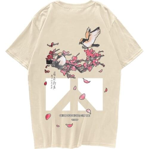 2021 Harajuku T-shirt Mens Hip Hop Flower and Bird Funny T-shirt Streetwear Summer T-shirt Retro Print 100% Cotton T-shirt