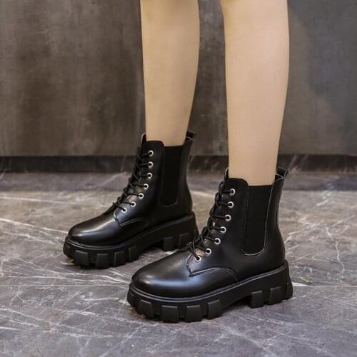 COOTELILI Patent Leather Women Boots Lace Up Shoes For Woman Round Toe 5m Heel Platform Ladies Shoes Slip On Black Basic 35-39