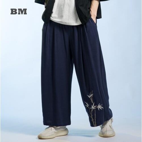 2021 Chinese Style Plus Size Straight Tai Chi Kung Fu Pants Harajuku Embroidery Cotton Linen Cropped Trousers Men Clothing