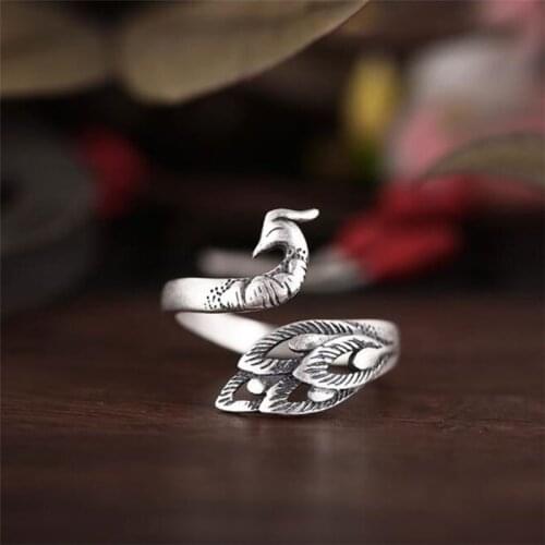 Season Gate 925 Sterling Silver Thai Silver Elegant Animal Hollowed Out Peacock Adjustable Size Open Ring SR157