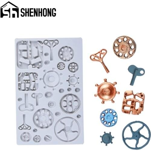 SHENHONG Retro Key Cake Decorating Mould Mechanical Gear Fondant Silicone Molds paste Sugarcraft Dessert Baking Pastry Form