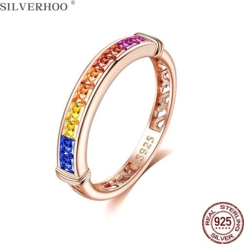 SILVERHOO Rainbow Zircon Multisize Ring For Women S925 Sterling Silver Engagement Wedding Band Rose Gold Charming Fine Jewelry