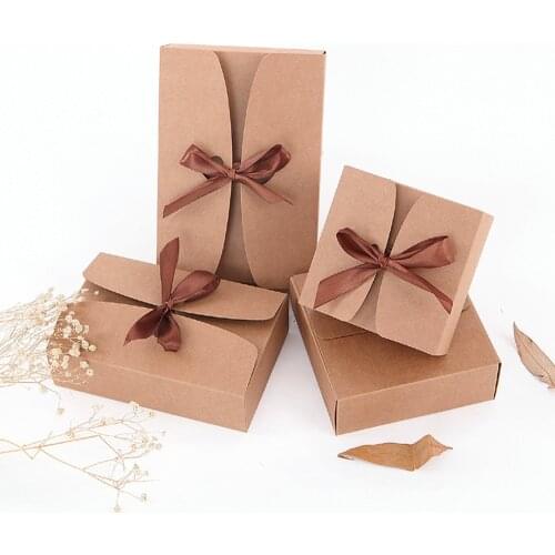 10 Pcs Square Kraft Paper Box Cardboard Package Valentines Day Gift Candy Storage Packing Boxes With Ribbons Party Decorations