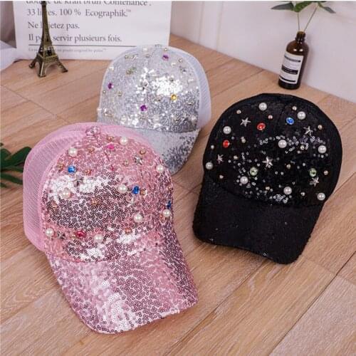 Summer breathable sequins trucker cap New women New lady casual fitted baseball cap Adult Rhinestone Hip hop Snapback hats