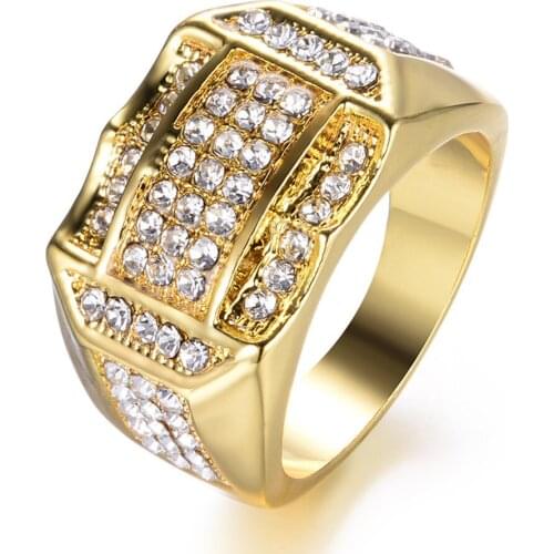 Micro Pave Rhinestone Anillos Bling Square Ring Gold Filled Titanium Stainless Steel Rings for Men Jewelry Drop Shipping jz285