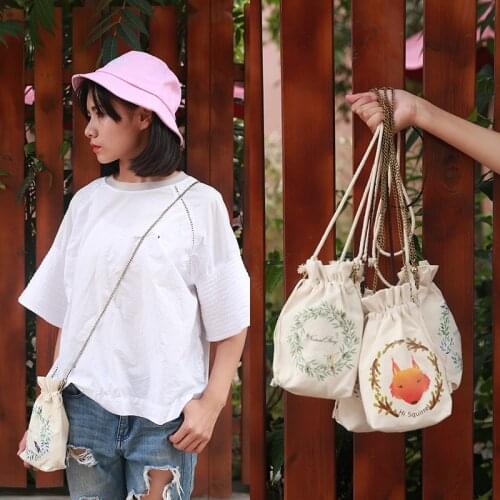 Cute Mini Women Drawstring Bag Canvas Flower Animal Print String Cloth Small Bag Girl Coin Money Shoulder Bag