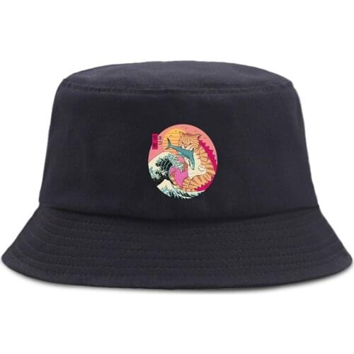 Ukiyoe Japanese Cat Cartoon Catana Print Bob Hats For Women Fishing WomenS Fisherman Cap Hip Hop Sunscreen Sun MenS Bucket Hat