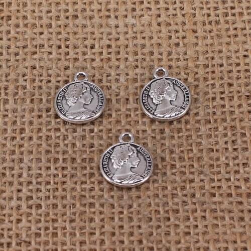 15pcs Elizabeth Coin Charms 16x13mm Antique Silver Color Pendant for DIY Jewelry Making Findings Handmade Craft 2931